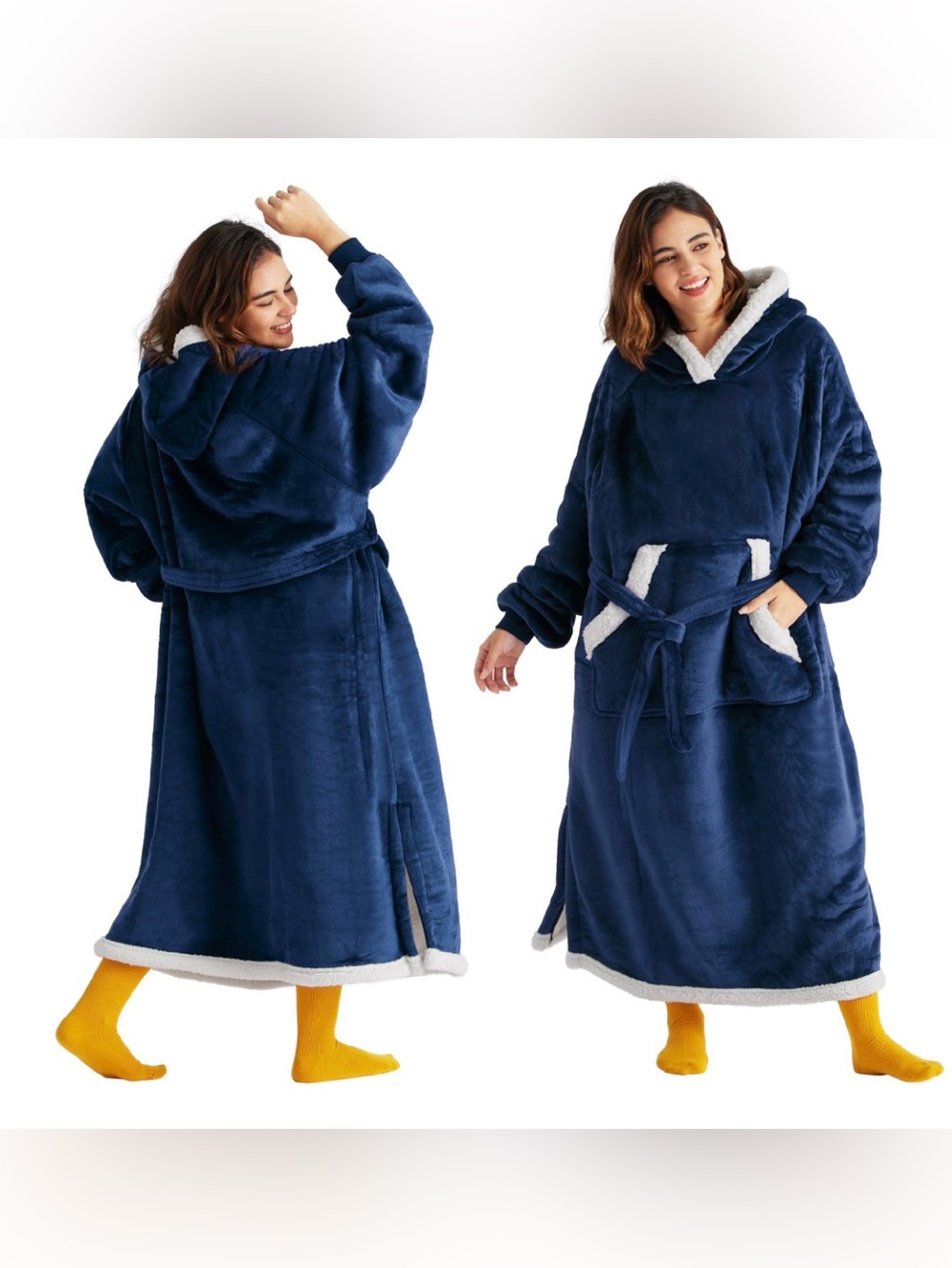 Bedsure Hooded Sherpa Lined Fleece Robe Blue/White Belted Pockets Big Tall 3XLT